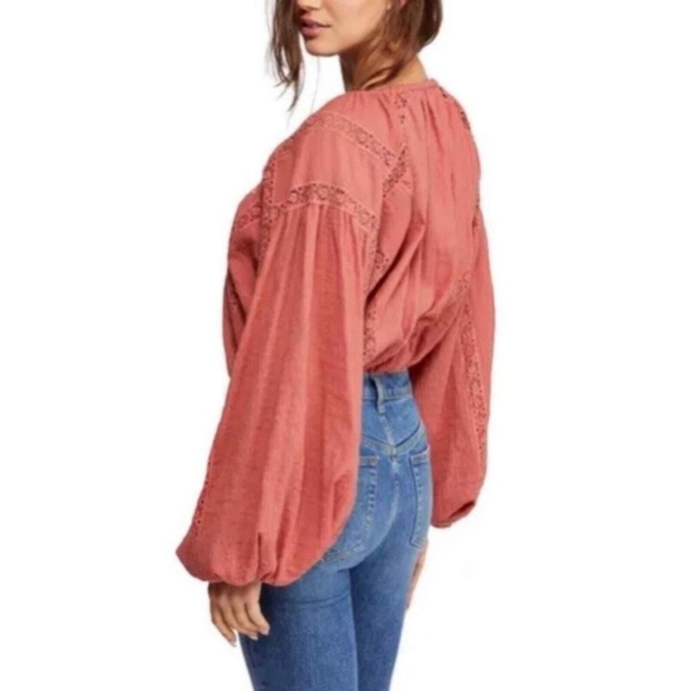 Free People Dusty Rose Maria Maria Lace‎ Peasant Blouse with Embroidery - SZ M - Picture 2 of 11
